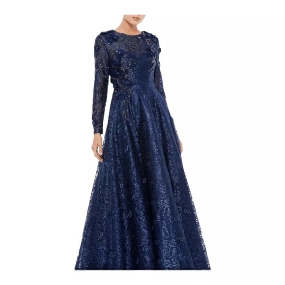 Mac Duggal Navy Blue EMBELLISHED ILLUSION LONG SLEEVE A LINE
GOWN - Picture 1 of 15